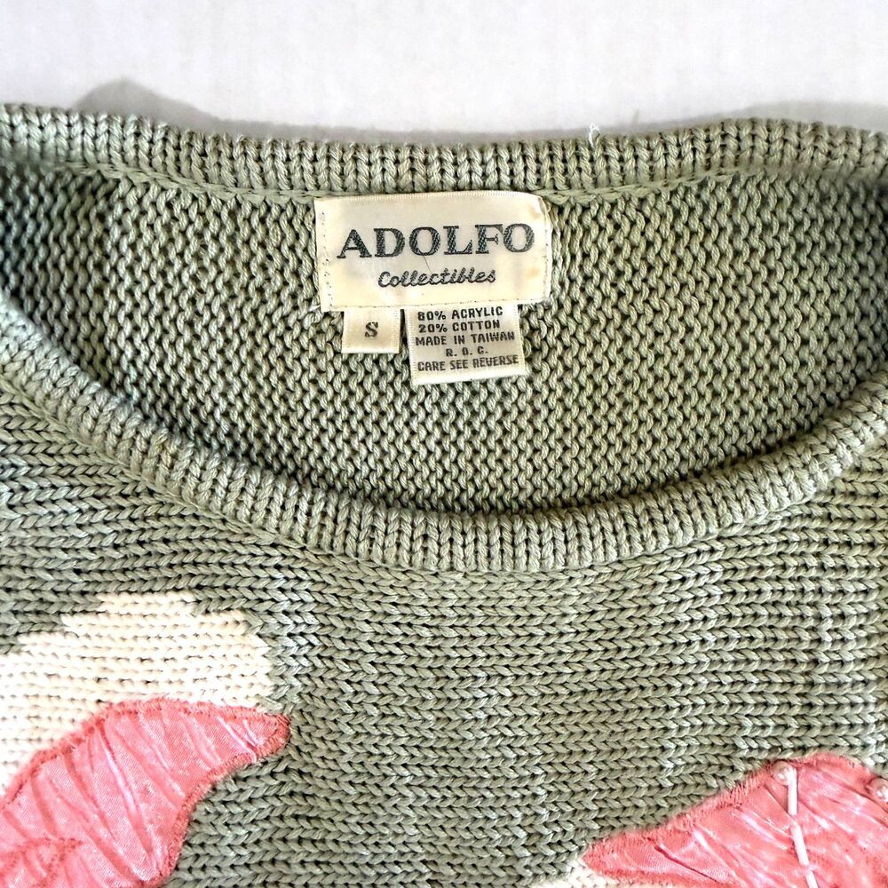 Adolfo Collectible, Vintage Pink Tiger Lily Sage Green Knit Spring Sweater, S - Picture 7 of 7